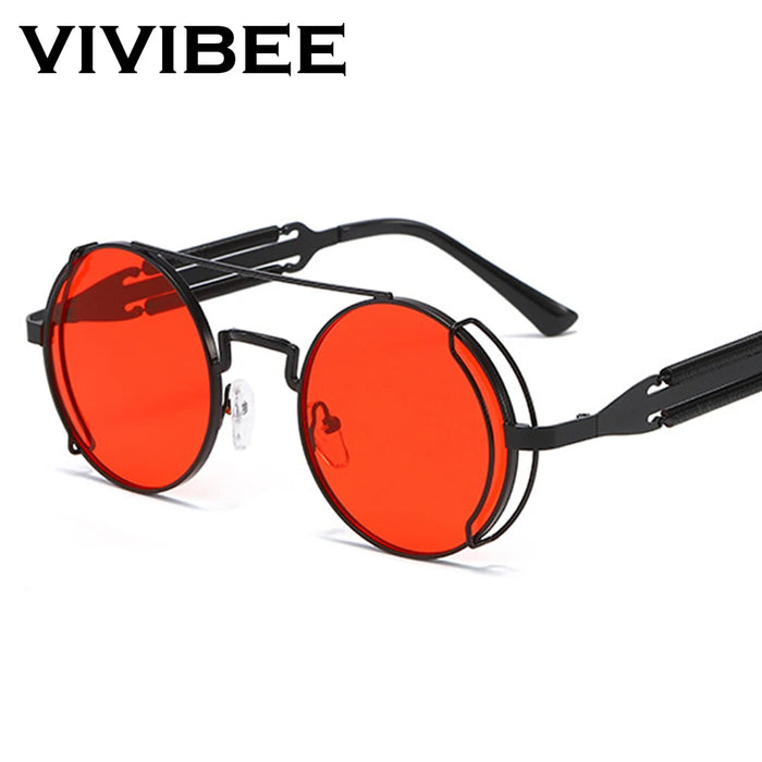 VIVIBEE Lunettes de soleil Steampunk Homme Rondes Lentilles Rouges Lunettes de soleil Punk Noir Métal Style Gothique 2026 Nouveaux Produits Femme Protection UV400