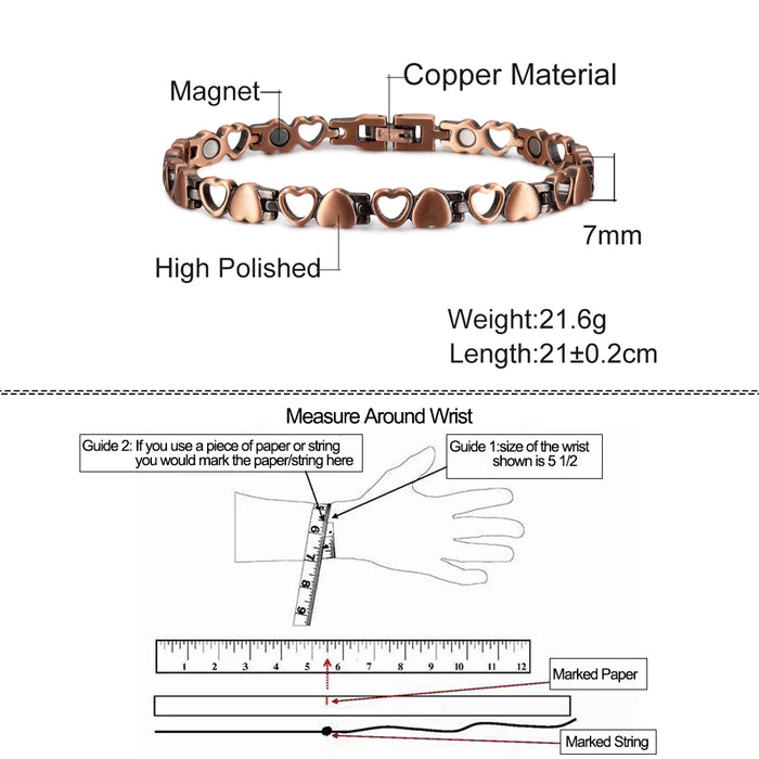 Magnetic Bracelet for Women Heart Pure Copper Energy Bracelet Healing Chain Link Vintage Magnetic Copper Bracelets Therapy Arthr