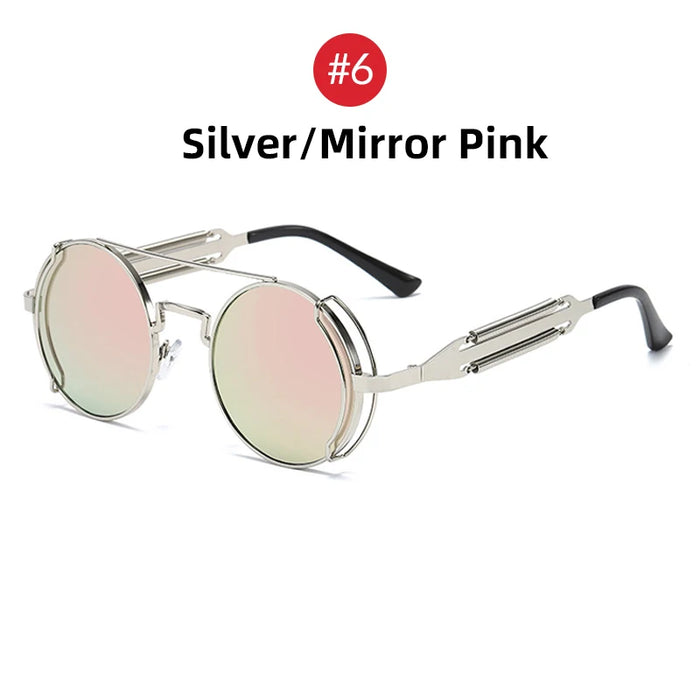 VIVIBEE Lunettes de soleil Steampunk Homme Rondes Lentilles Rouges Lunettes de soleil Punk Noir Métal Style Gothique 2026 Nouveaux Produits Femme Protection UV400