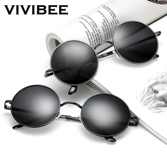VIVIBEE Lunettes de soleil classiques polarisées rondes en métal pour femmes, décontractées, rétro UV400, pour hommes, noires, tendance 2026