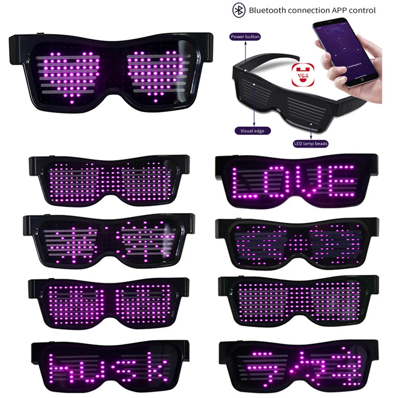 Gafas de Fiesta LED Bluetooth con Control de Aplicación, Idiomas Personalizados, Carga USB, Gafas Luminosas Intermitentes, Gafas de Sol para Conciertos de Navidad