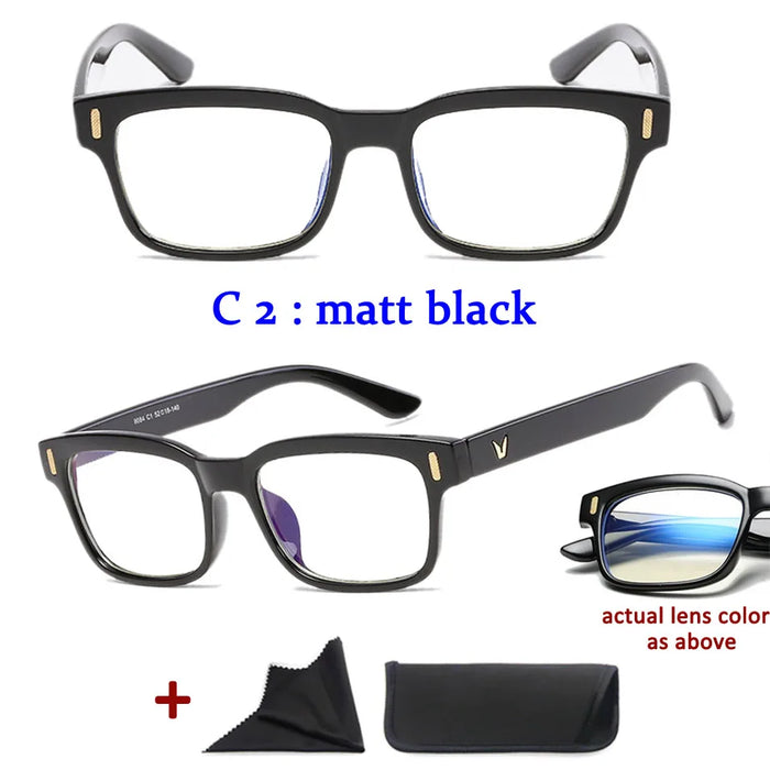 Men'S Anti-Blue Light Office Computer High Quality Black Shiny Frame Rivets Studded Glasses With Gold Pattern On The Temples.