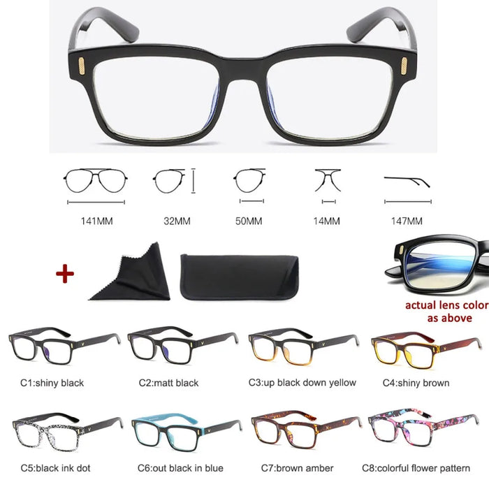 Men'S Anti-Blue Light Office Computer High Quality Black Shiny Frame Rivets Studded Glasses With Gold Pattern On The Temples.