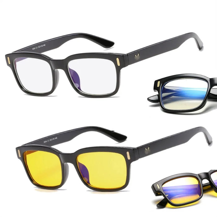 Men'S Anti-Blue Light Office Computer High Quality Black Shiny Frame Rivets Studded Glasses With Gold Pattern On The Temples.