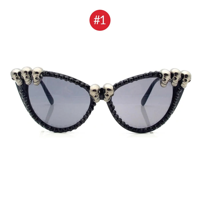 Women Vintage Skull Sunglasses Black Rhinestone Retro Cat Eye Sun Glasses for Ladies Round Gothic Halloween Shades