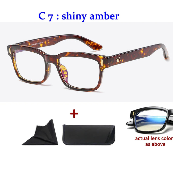 Men'S Anti-Blue Light Office Computer High Quality Black Shiny Frame Rivets Studded Glasses With Gold Pattern On The Temples.