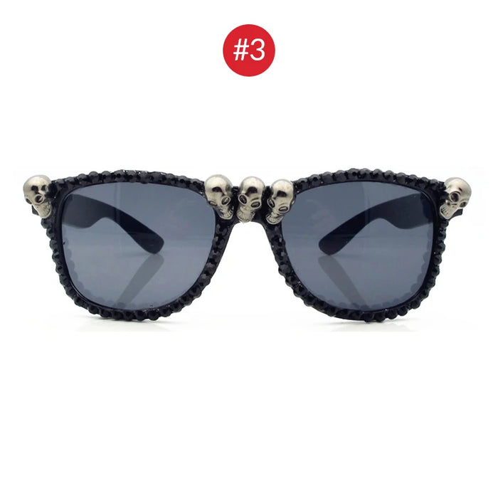 Women Vintage Skull Sunglasses Black Rhinestone Retro Cat Eye Sun Glasses for Ladies Round Gothic Halloween Shades