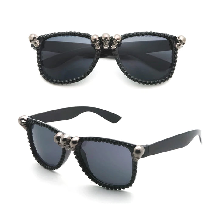 Women Vintage Skull Sunglasses Black Rhinestone Retro Cat Eye Sun Glasses for Ladies Round Gothic Halloween Shades