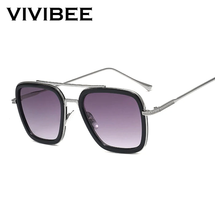 VIVIBEE Retro Square Men Edith Sunglasses Vintage Silver Metal Frame Blue Lens Glasses Fashion Women Steampunk Eyewear