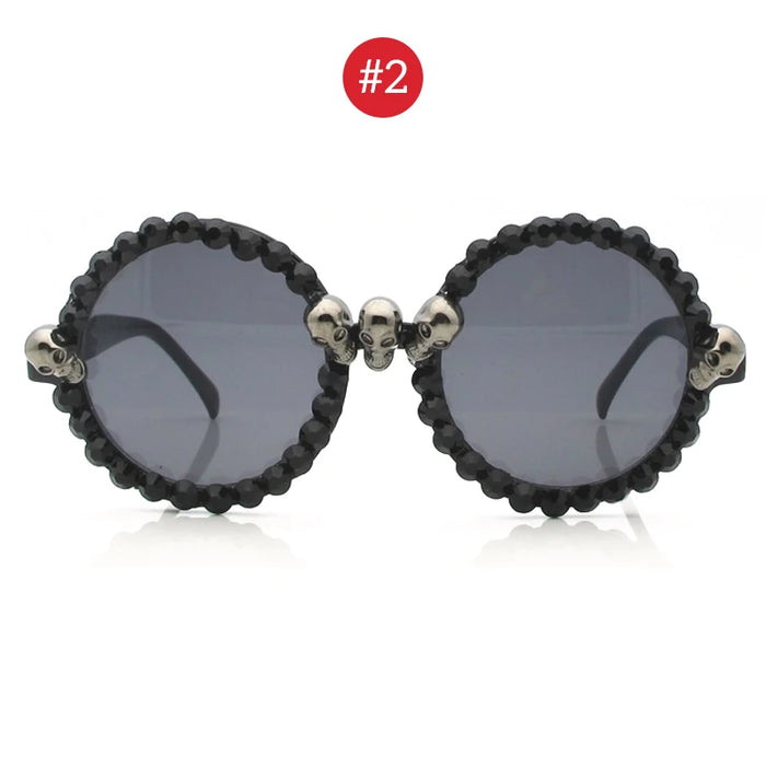 Women Vintage Skull Sunglasses Black Rhinestone Retro Cat Eye Sun Glasses for Ladies Round Gothic Halloween Shades