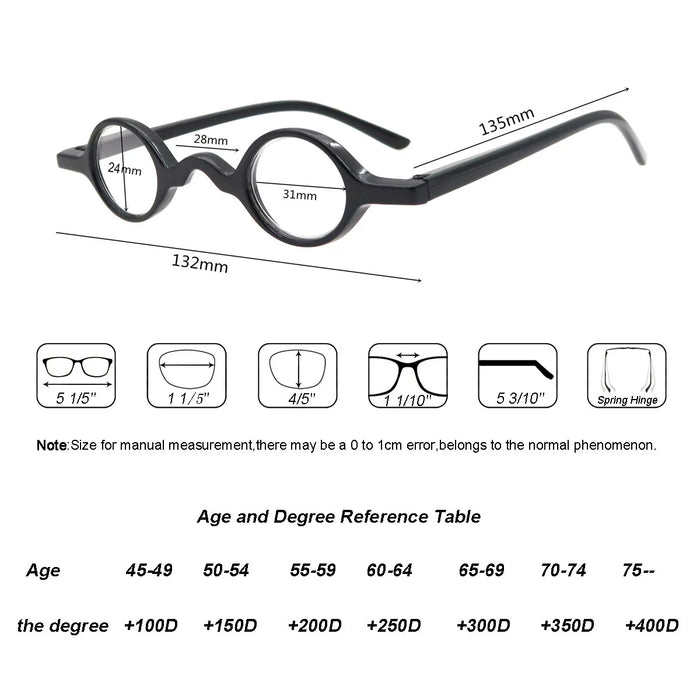 Pequeñas Gafas de Lectura Vintage para Hombre y Mujer Redondas Retro Presbicia Montura Completa +1+1.5+2+2.5+3+3.5