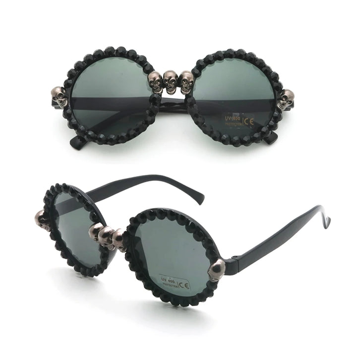 Women Vintage Skull Sunglasses Black Rhinestone Retro Cat Eye Sun Glasses for Ladies Round Gothic Halloween Shades