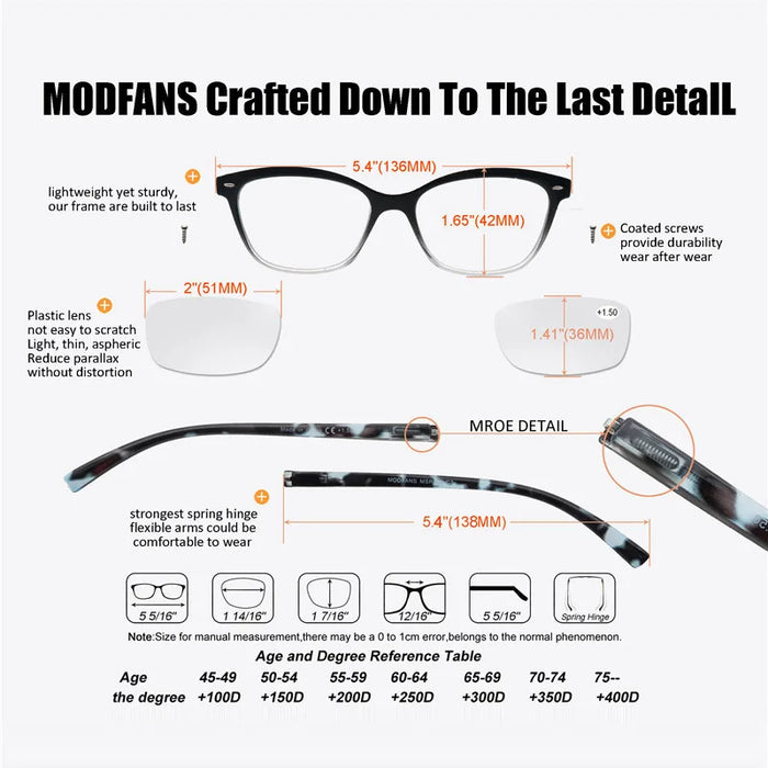 MODFANS Gafas de lectura para mujer, rostro pequeño, marco clásico, gafas elegantes con bisagra de resorte, gafas de presbicia