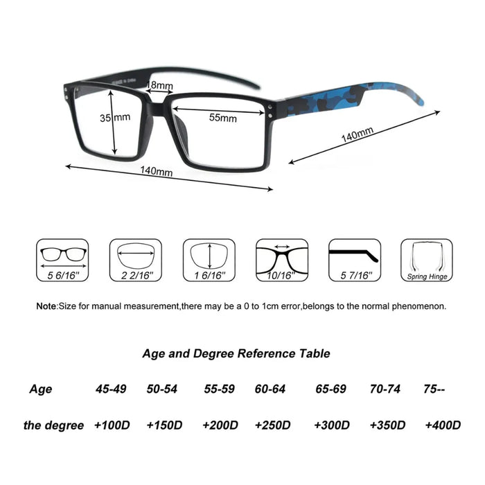 Oversized Reading Glasses Men Squared Frame Readers Vision Presbyopic High Quality Eyeglasses With Camouflage Leg +1+1.5+2+2.5+3