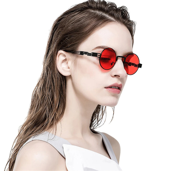 VIVIBEE 2026 Trend Black Red Round Punk Sunglasses Women Hip Hop Sun Glasses Men Steampunk Goggle Luxury Rock Accessories