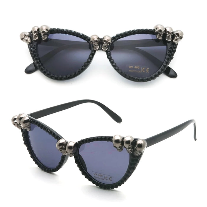 Women Vintage Skull Sunglasses Black Rhinestone Retro Cat Eye Sun Glasses for Ladies Round Gothic Halloween Shades