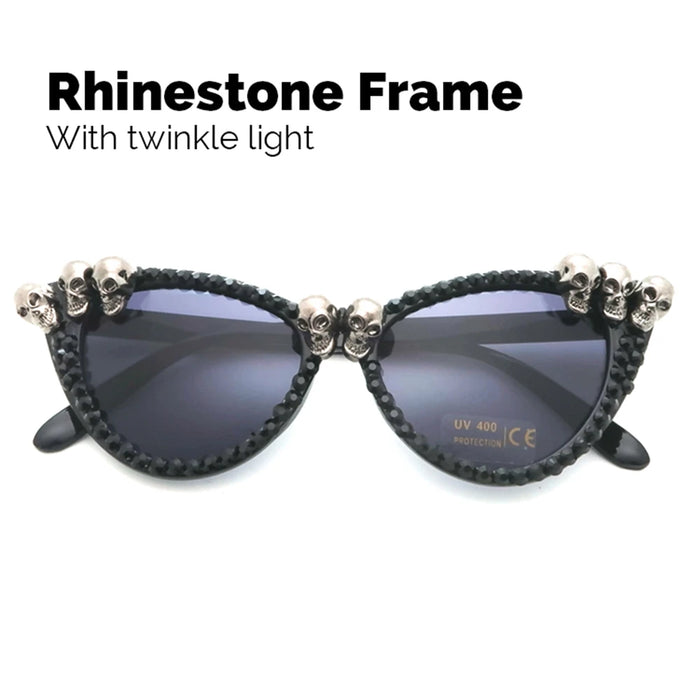 Women Vintage Skull Sunglasses Black Rhinestone Retro Cat Eye Sun Glasses for Ladies Round Gothic Halloween Shades