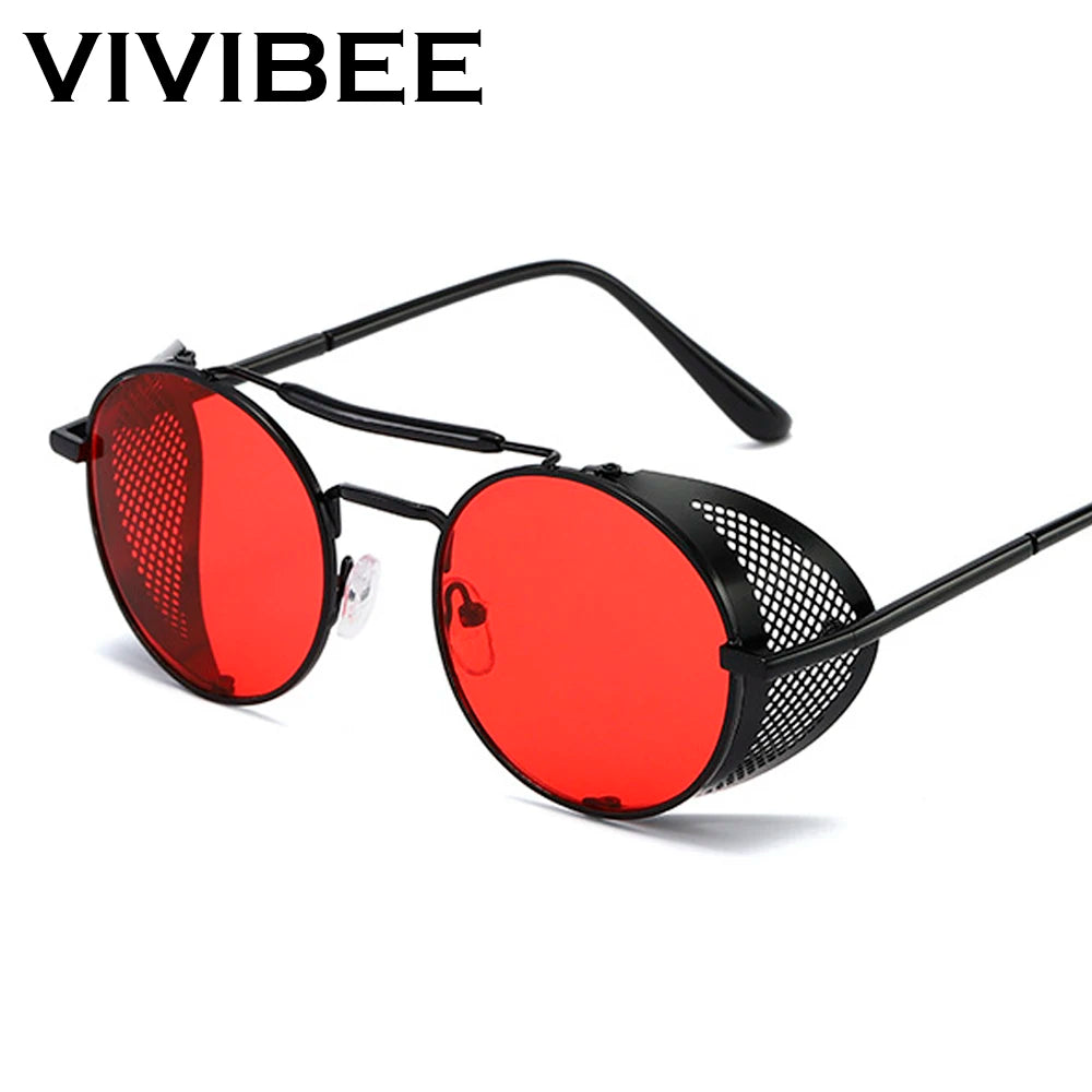 VIVIBEE Steampunk Sunglasses Men 2026 Trending Gothic Round Alloy Red Metal Punk Goggles Retro Party Sun Glasses