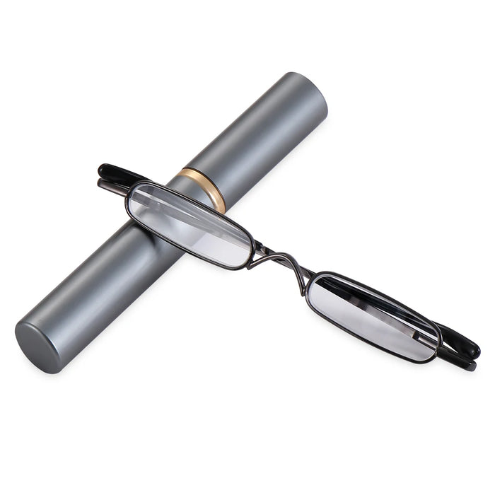 1PC Unisex Compact Mini Slim Pen Reading Glasses Metal Small Tube Spring Hinged Reader Eyeglasses with Portable Clip Case1.0~4.0