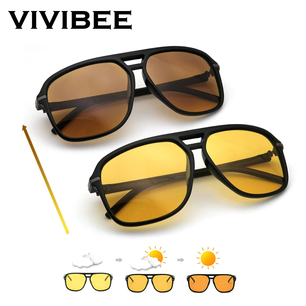 VIVIBEE Men Photochromic Night Vision Sunglasses Color Change Transition 2026 Yellow Big Sun Glasses Oversized Polarized Goggles