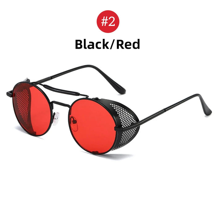 VIVIBEE Steampunk Sunglasses Men 2026 Trending Gothic Round Alloy Red Metal Punk Goggles Retro Party Sun Glasses