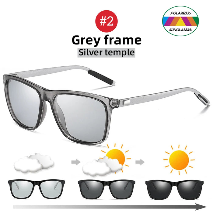 VIVIBEE Gafas de sol polarizadas fotocromáticas de cambio de color, montura gris para hombre, cuadradas clásicas, lentes de transición camaleónicas