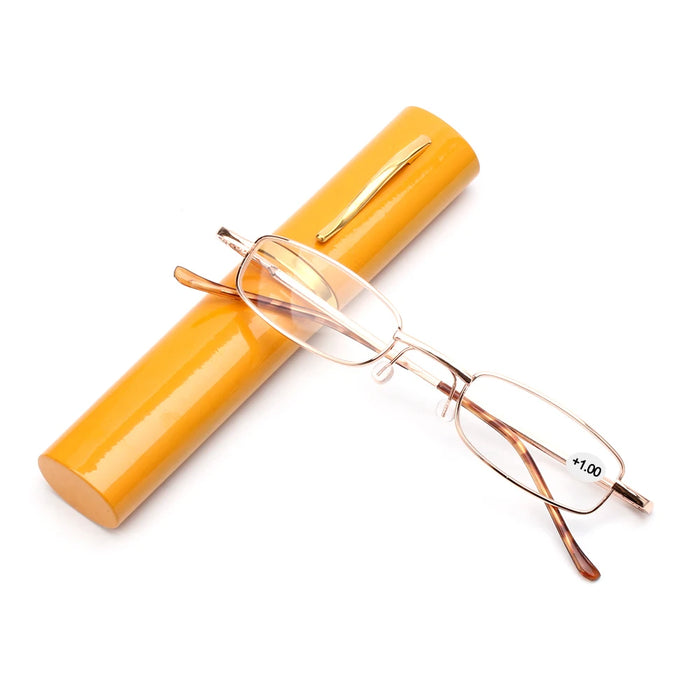 1PC Unisex Compact Mini Slim Pen Reading Glasses Metal Small Tube Spring Hinged Reader Eyeglasses with Portable Clip Case1.0~4.0