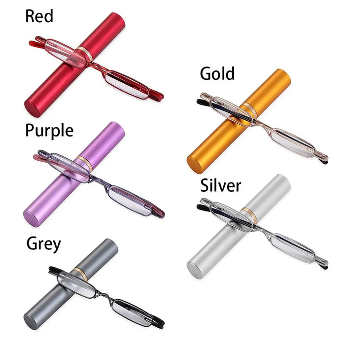 1PC Unisex Compact Mini Slim Pen Reading Glasses Metal Small Tube Spring Hinged Reader Eyeglasses with Portable Clip Case1.0~4.0