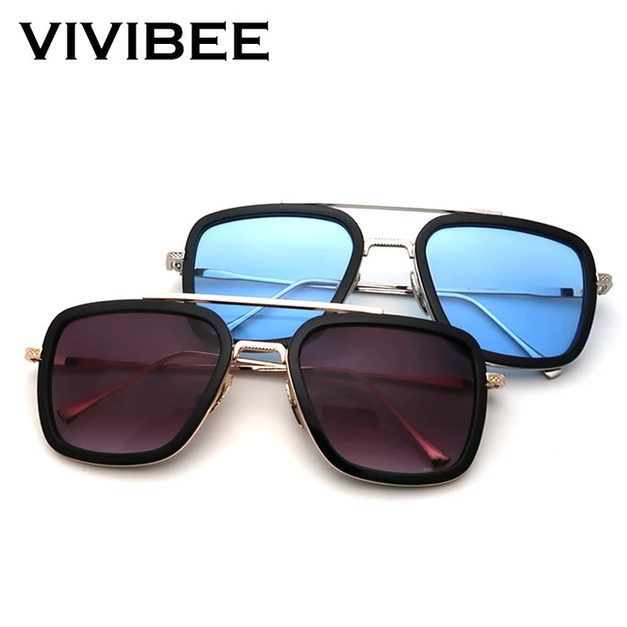 VIVIBEE Retro Square Men Edith Sunglasses Vintage Silver Metal Frame Blue Lens Glasses Fashion Women Steampunk Eyewear