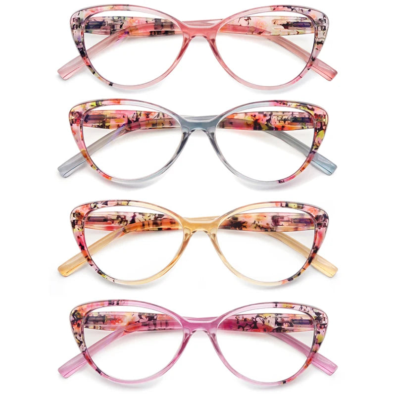 Cat's Eye Women's Anti-Blue Light Reading Glasses,, Floral Pattern Fashion Lightweight Frame, Diopter +0 ~ +4.5
