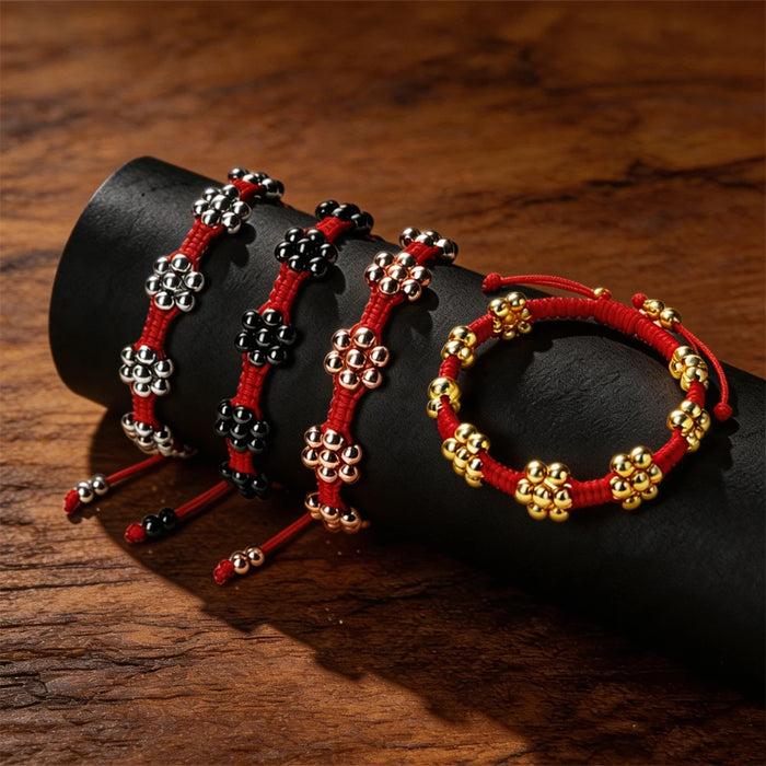 Handmade Adjustable Red Braided Rope Bracelets 5mm Copper Beads Flower Shape Lucky Bangle Women Daily Wear Fashion Jewelry Gifts