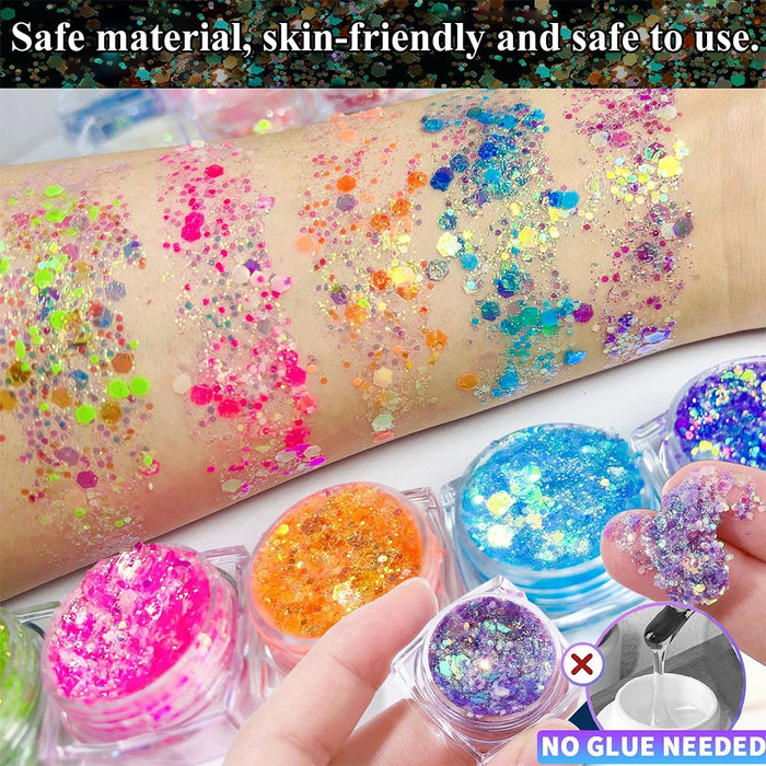 Luminous Glitter Gel Face Body Art Makeup UV Glow in The Dark Waterproof Long Lasting for Party Rave Festival Cosmetic Tool