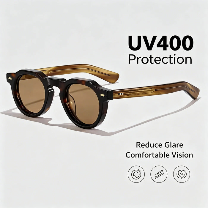 HBK Vintage Simple Round Men Sunglasses Small Frame High-Quality Acetate Frame Sun Glasses Women Party Travel Outdoor Glasses