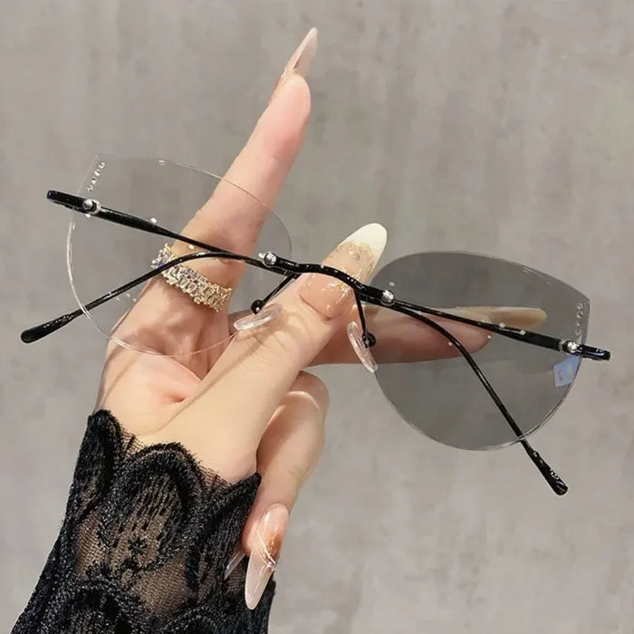 Ultralight Women's Frameless Photochromic Myopia Glasses Fashion Cat-Eye Anti-blue Light Eyewear Unisex Minus Diopter Eyewear