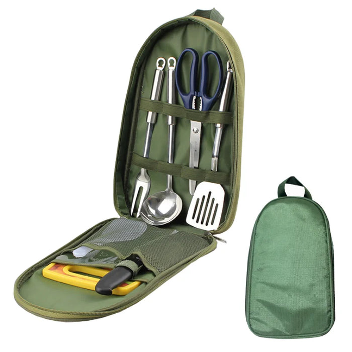 Juego de utensilios de cocina de camping de 7 piezas con bolsa de transporte para barbacoa, playa, senderismo, viajes, organizador, almacenamiento, utensilios de cocina, equipo