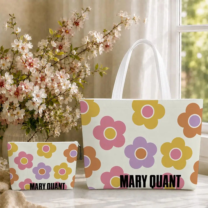 Fashion M-Mary Quant Storage Bags 2-Piece Canvas Tote Bag Set with Zipper Pouch Large Capacity Shopping Travel Bag