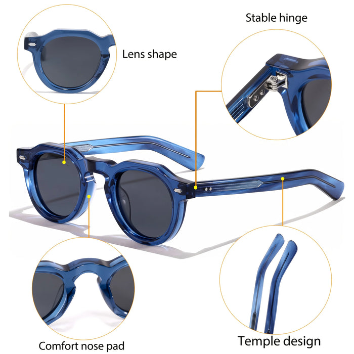 HBK Vintage Simple Round Men Sunglasses Small Frame High-Quality Acetate Frame Sun Glasses Women Party Travel Outdoor Glasses