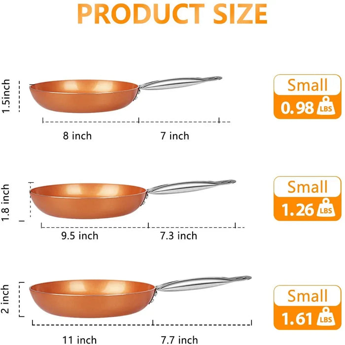 Sartén de Cobre Antiadherente de 8/10/12 Pulgadas, Sartenes de Cocina para Huevos, Bistec, Pescado, Cocinar, Freír, Apta para Uso General en Cocinas de Gas e Inducción