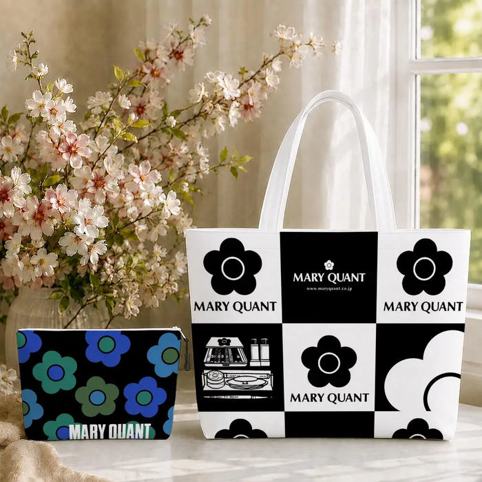 Fashion M-Mary Quant Storage Bags 2-Piece Canvas Tote Bag Set with Zipper Pouch Large Capacity Shopping Travel Bag