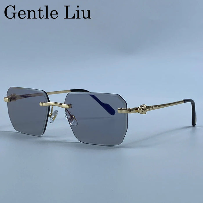 Y2K Rimless Square Sunglasses Men 2026 Luxury Vintage Punk Sun Glasses Hip Hop Metal Frame Steampunk Shades Leopard Head Eyewear
