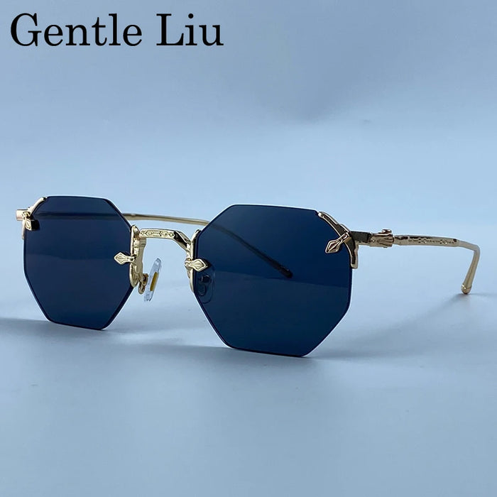 Vintage Rimless Octagon Sunglasses Men 2026 Luxury Designer Steampunk Gold Metal Frame Sun Glasses Retro Hip Hop Frameless Shade
