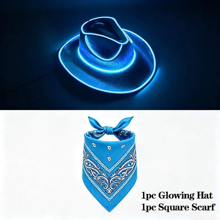 Juego de sombrero de vaquero que brilla con alambre EL, pañuelo cuadrado, luz de neón, sombrero para mujeres y hombres, fiesta de Halloween, disfraz de cosplay