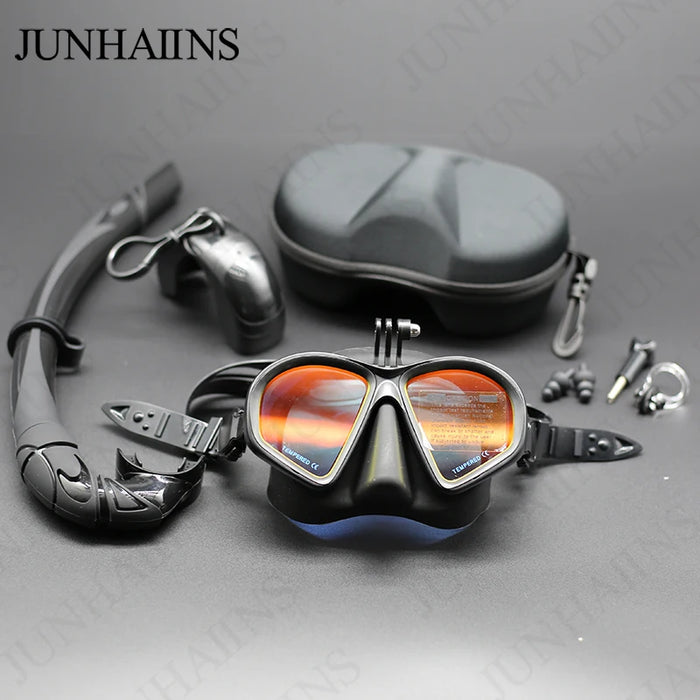 Wet Low Volume Diving Mask Tempered Glass Freedive Mask J-type Diving Mask Snorkel Set with Camera Mount Black
