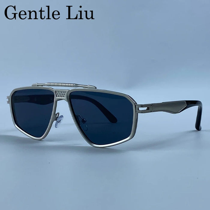 Steampunk Polygon Sunglasses Men 2026 Luxury Brand Designer Metal Frame Square Double Bridge Sun Glasses Vintage Driving Shades