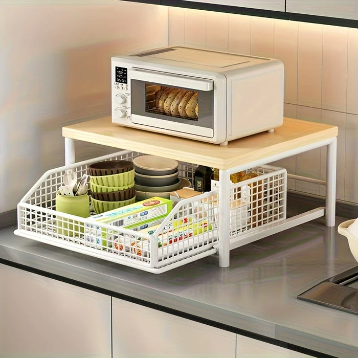 Space Saving Sturdy Hardwood Kitchen Countertop Organizer with Drawer and Wire Basket for Coffee Maker