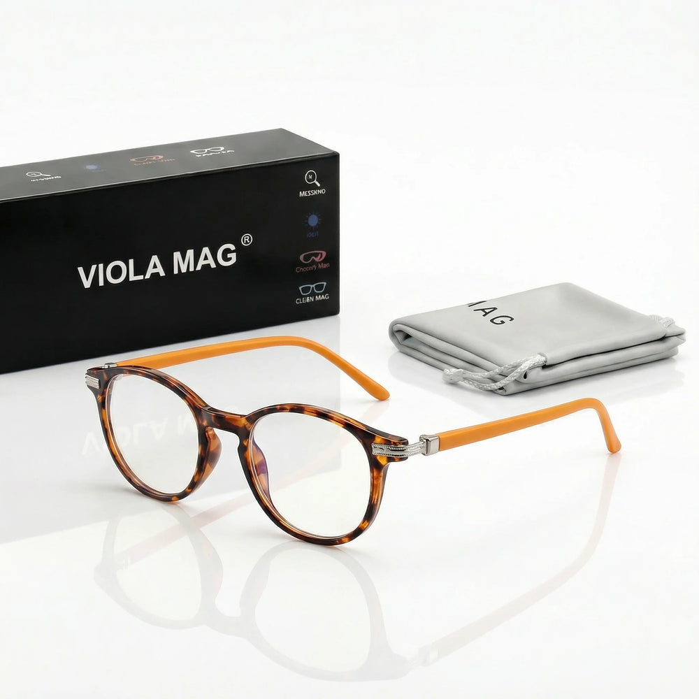 VIOLA MAG Retro Contrasting Round Frame Reading Glasses, Ultra Light Anti Slip Commuting Reading Daily, with Storage Bag