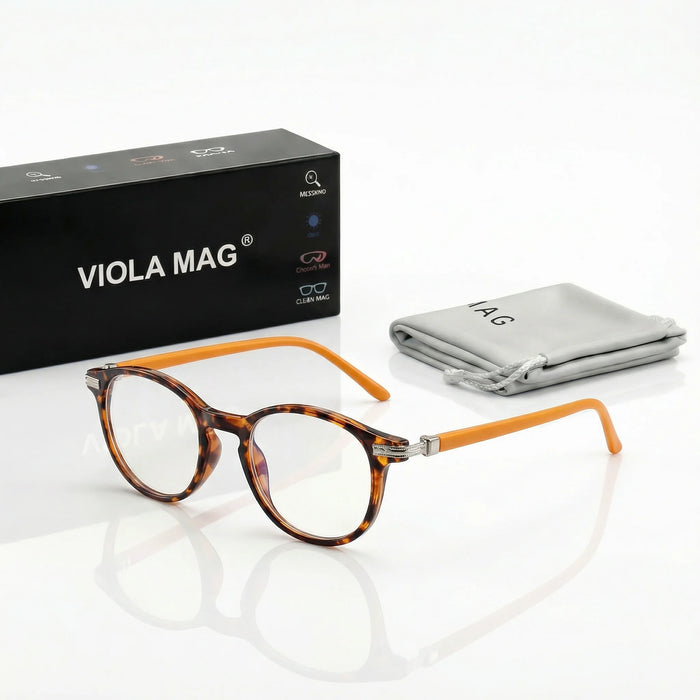VIOLA MAG Retro Contrasting Round Frame Reading Glasses, Ultra Light Anti Slip Commuting Reading Daily, with Storage Bag