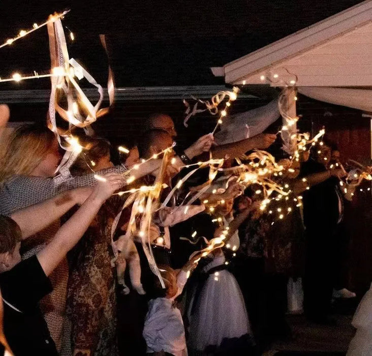 20-200Pcs Light Up Wedding Sparklers Wedding Wands Ribbon Streamers LED Silk Fairy Wands with Bells for Birthday Concert Raves