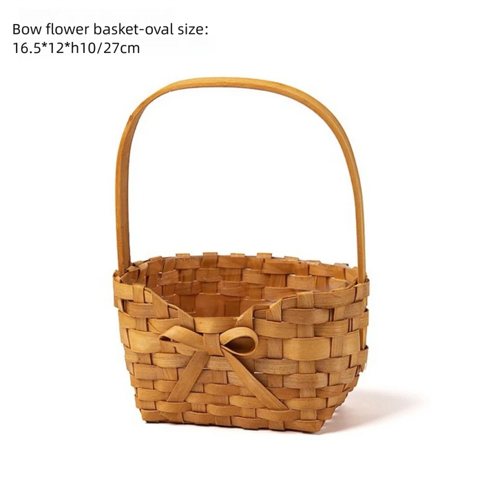 Willow Rattan Bride Flower Basket Picnic Container with Handle Bowknot Flower Basket Hand-Woven Picnic Weaving Basket