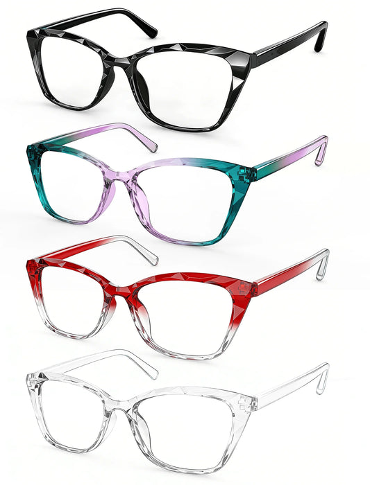 MODFANS Gradient Cat-Eye Polygonal Blue Light-Blocking Reading Glasses, Geometrically Cut Clear PC, for Women, +0.5 to +4.0.